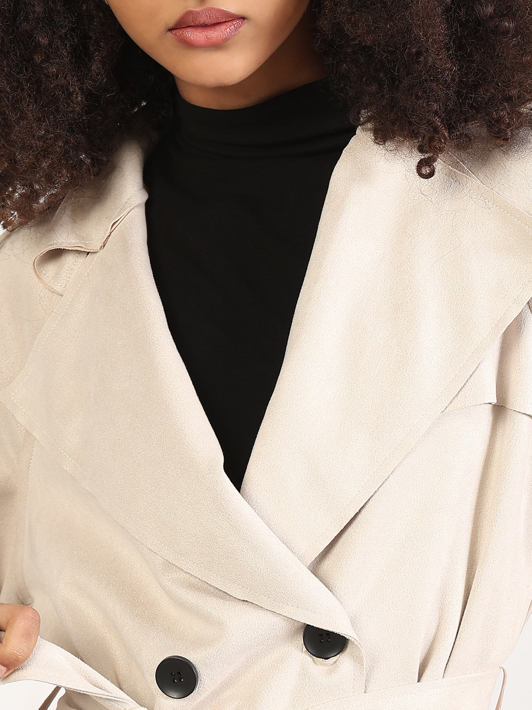 Solid Cream Lapel Collar Longline Trench Coat with Fabric Belt