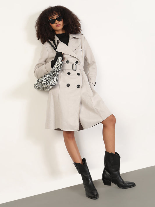 Solid Grey Lapel Collar Longline Trench Coat with Fabric Belt