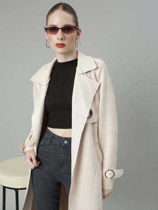 Cream Lapel Collar Longline Open Front Jacket