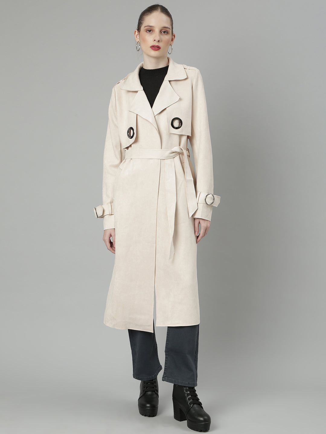 Cream Lapel Collar Longline Open Front Jacket