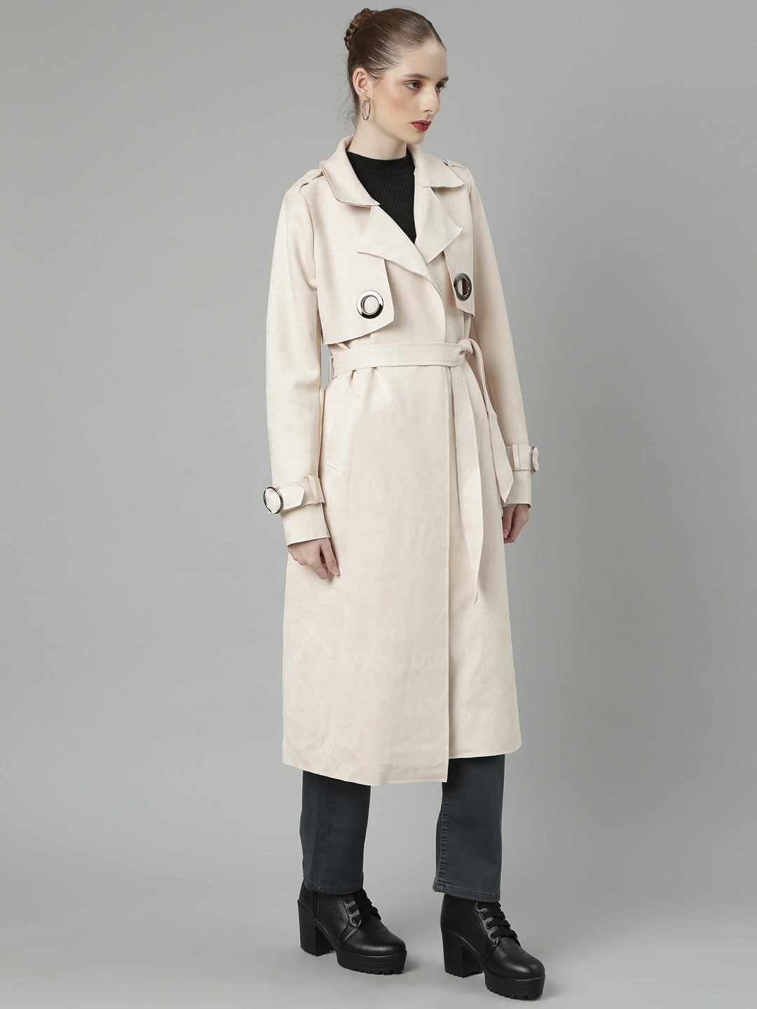 Cream Lapel Collar Longline Open Front Jacket