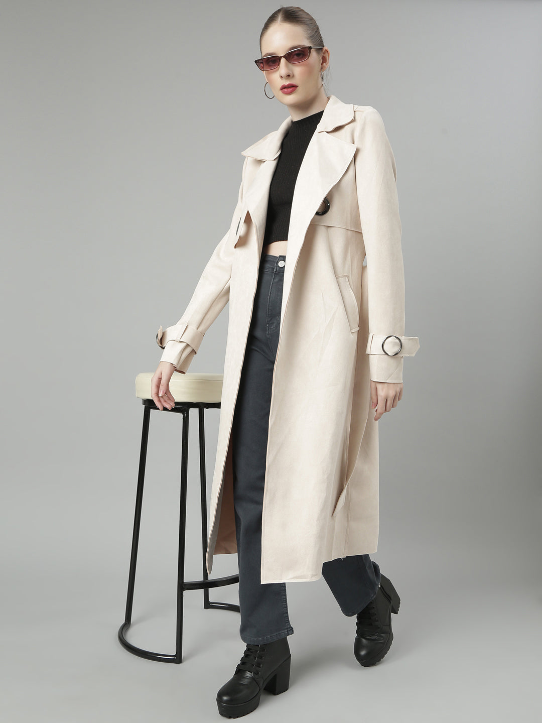 Cream Lapel Collar Longline Open Front Jacket