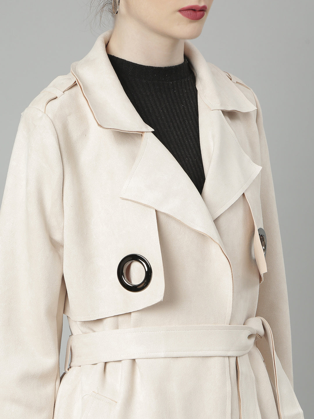 Cream Lapel Collar Longline Open Front Jacket