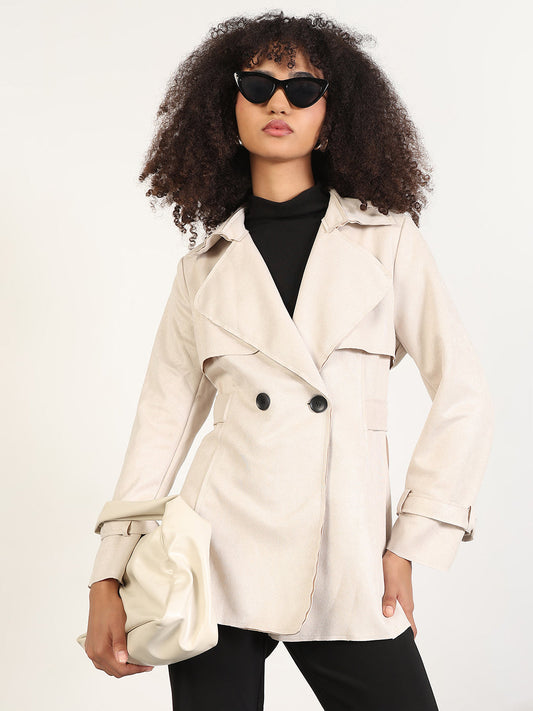 Solid Cream Spread Collar Trench Coat with WristBelt