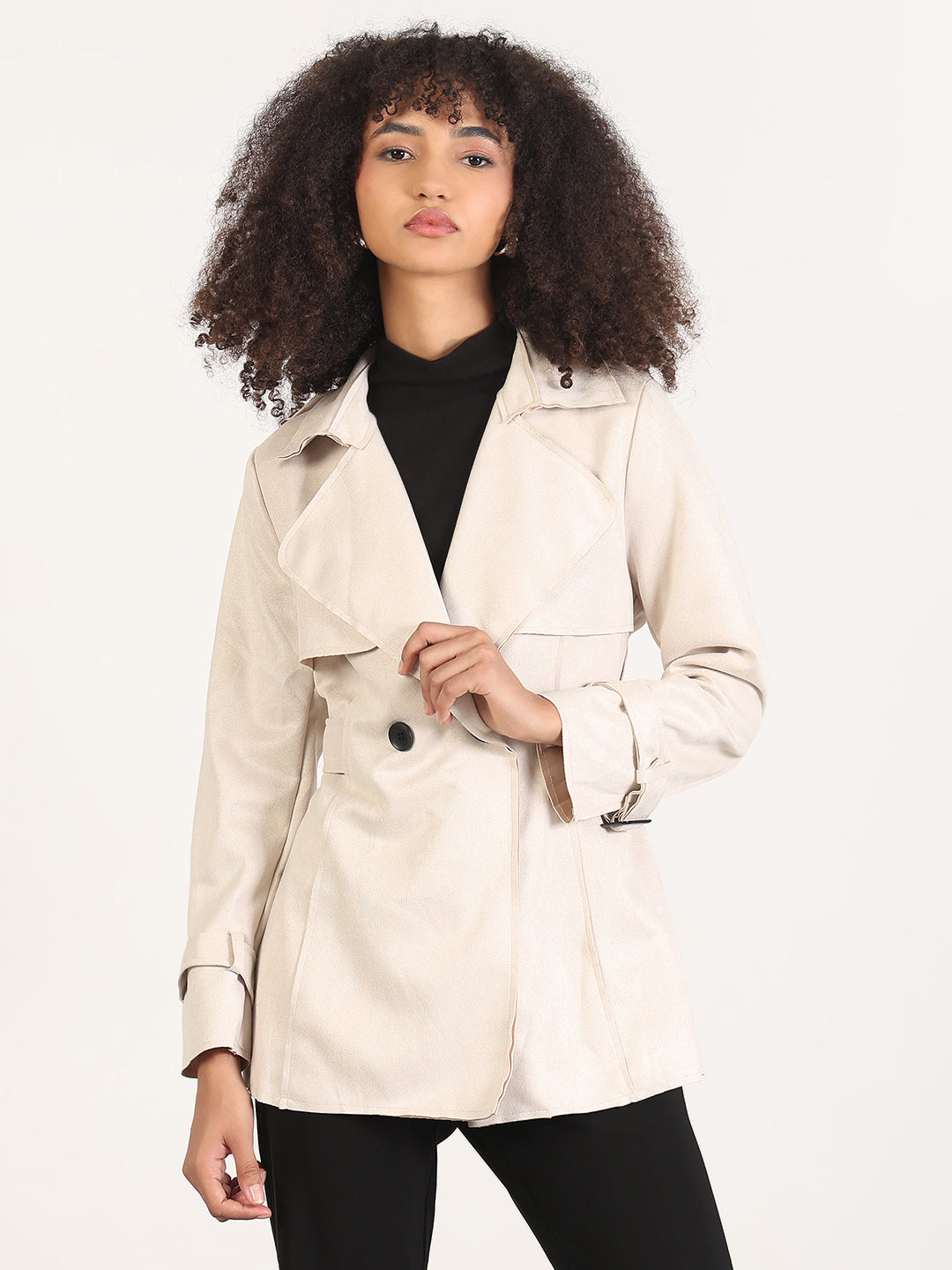 Solid Cream Spread Collar Trench Coat with WristBelt