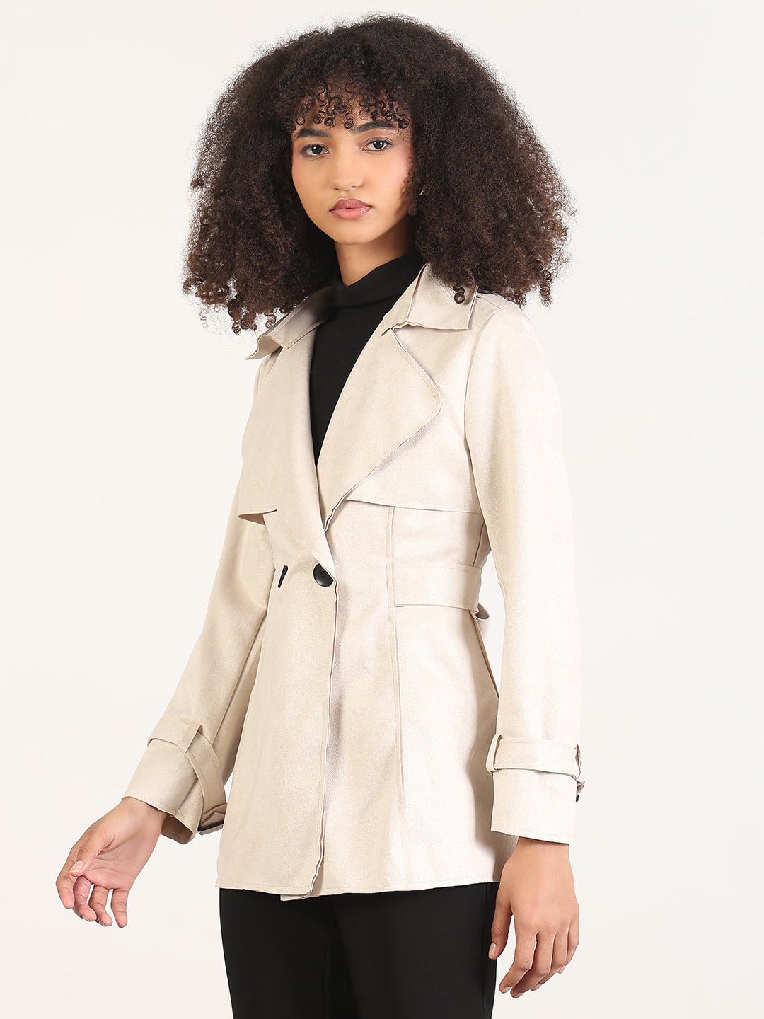 Solid Cream Spread Collar Trench Coat with WristBelt