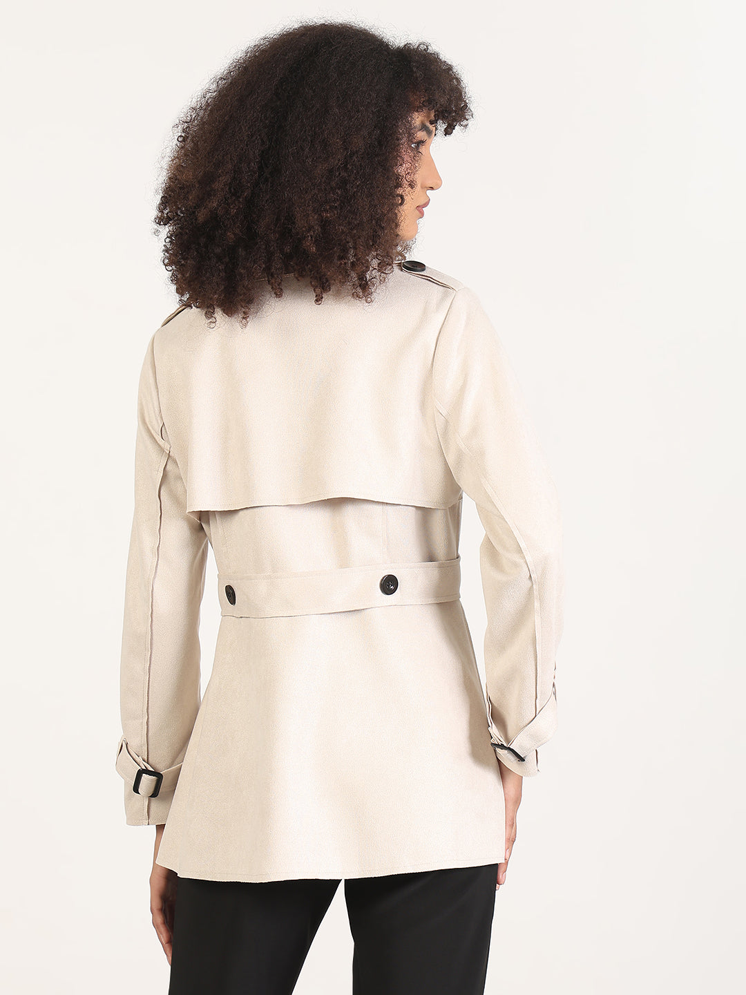 Solid Cream Spread Collar Trench Coat with WristBelt