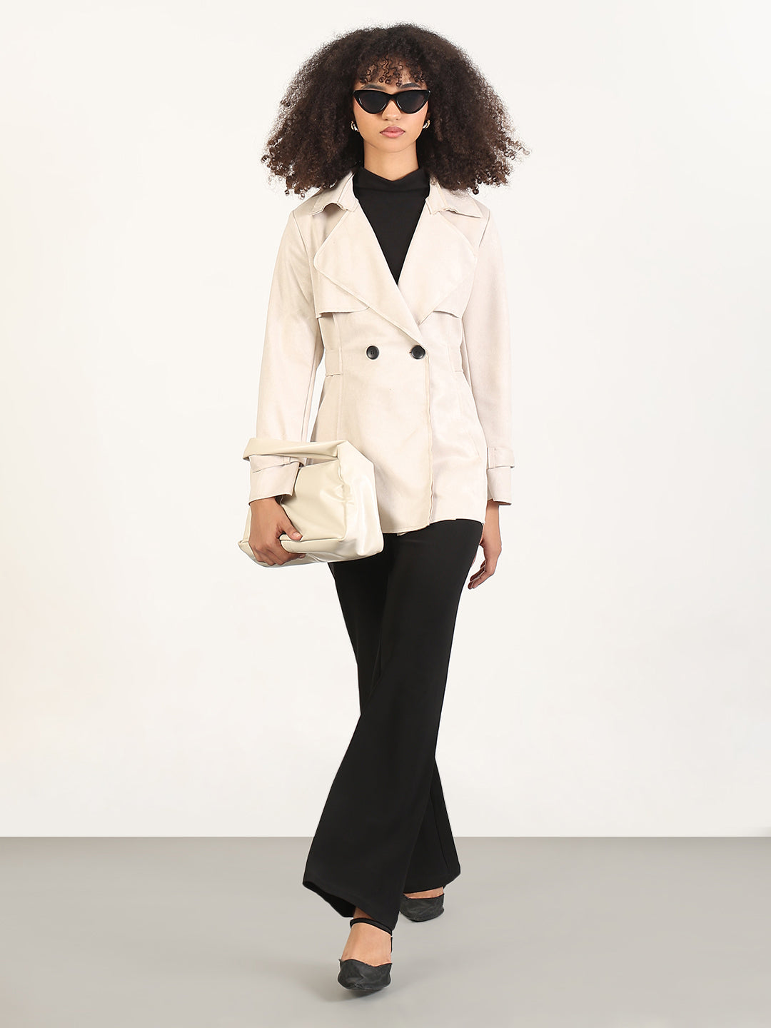 Solid Cream Spread Collar Trench Coat with WristBelt