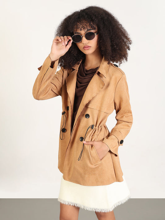 Solid Brown Lapel Collar Trench Coat