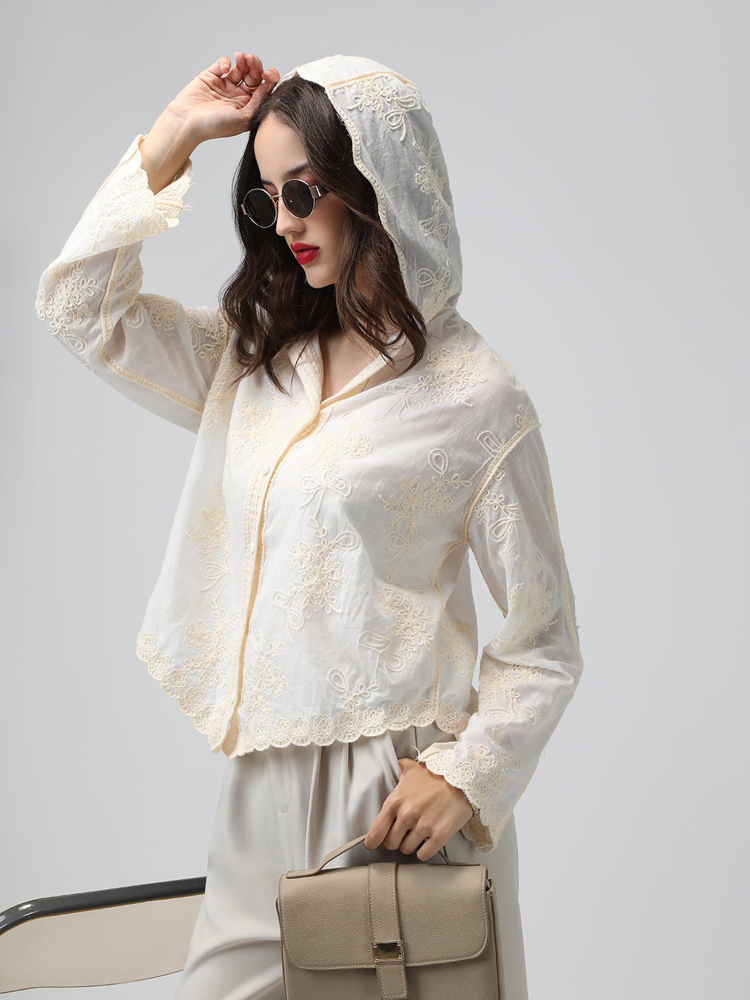 Women's Floral Cream Hooded Relaxed Fit Semi Sheer Shirt