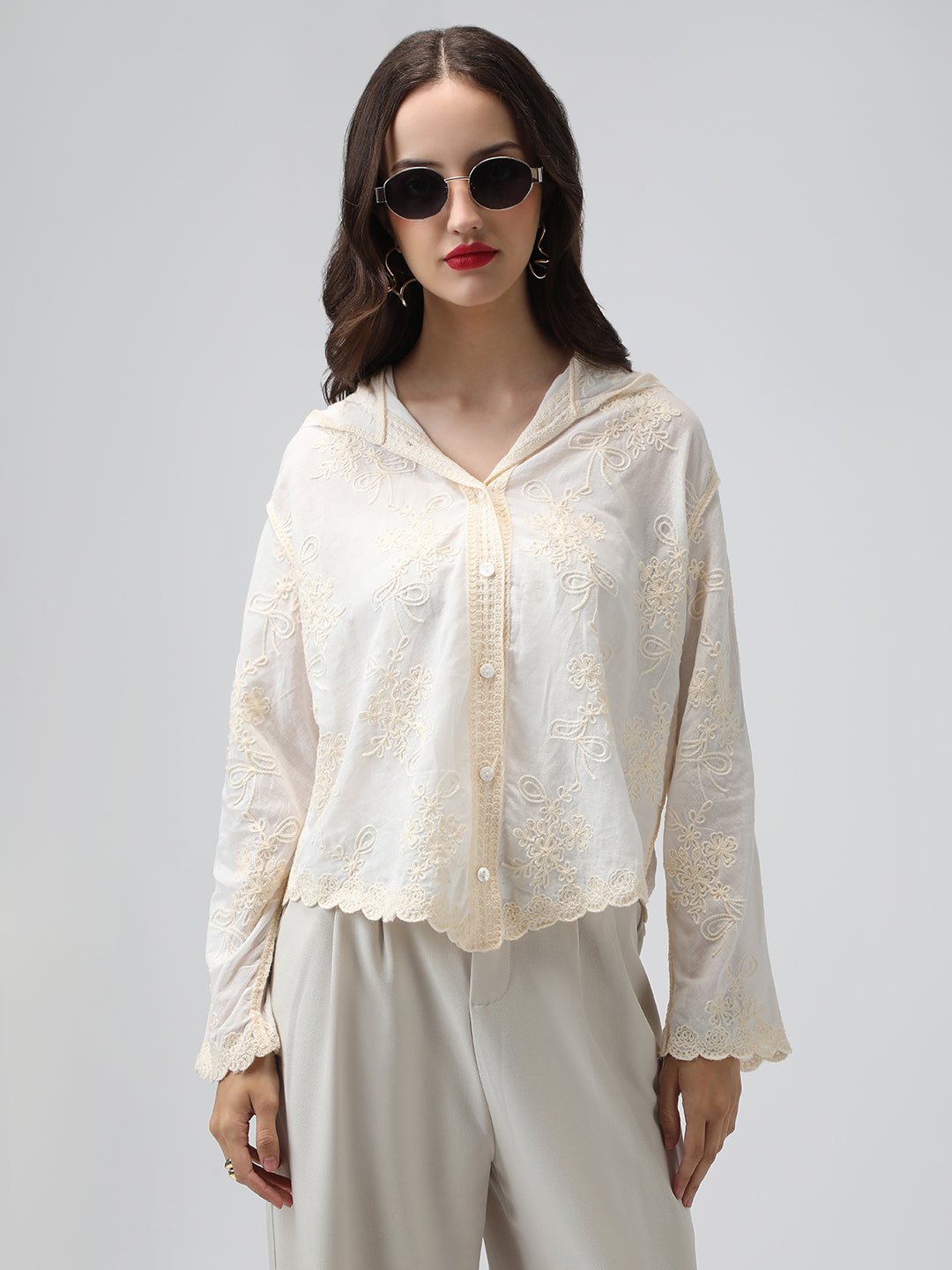Women's Floral Cream Hooded Relaxed Fit Semi Sheer Shirt