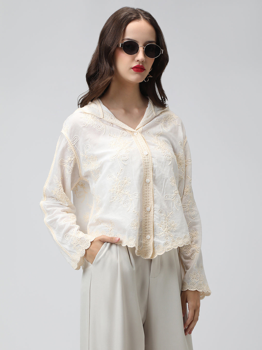 Women's Floral Cream Hooded Relaxed Fit Semi Sheer Shirt