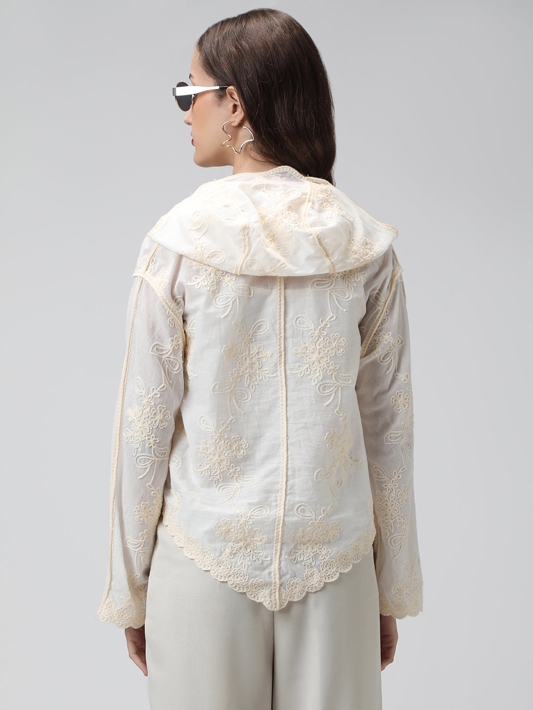 Women's Floral Cream Hooded Relaxed Fit Semi Sheer Shirt