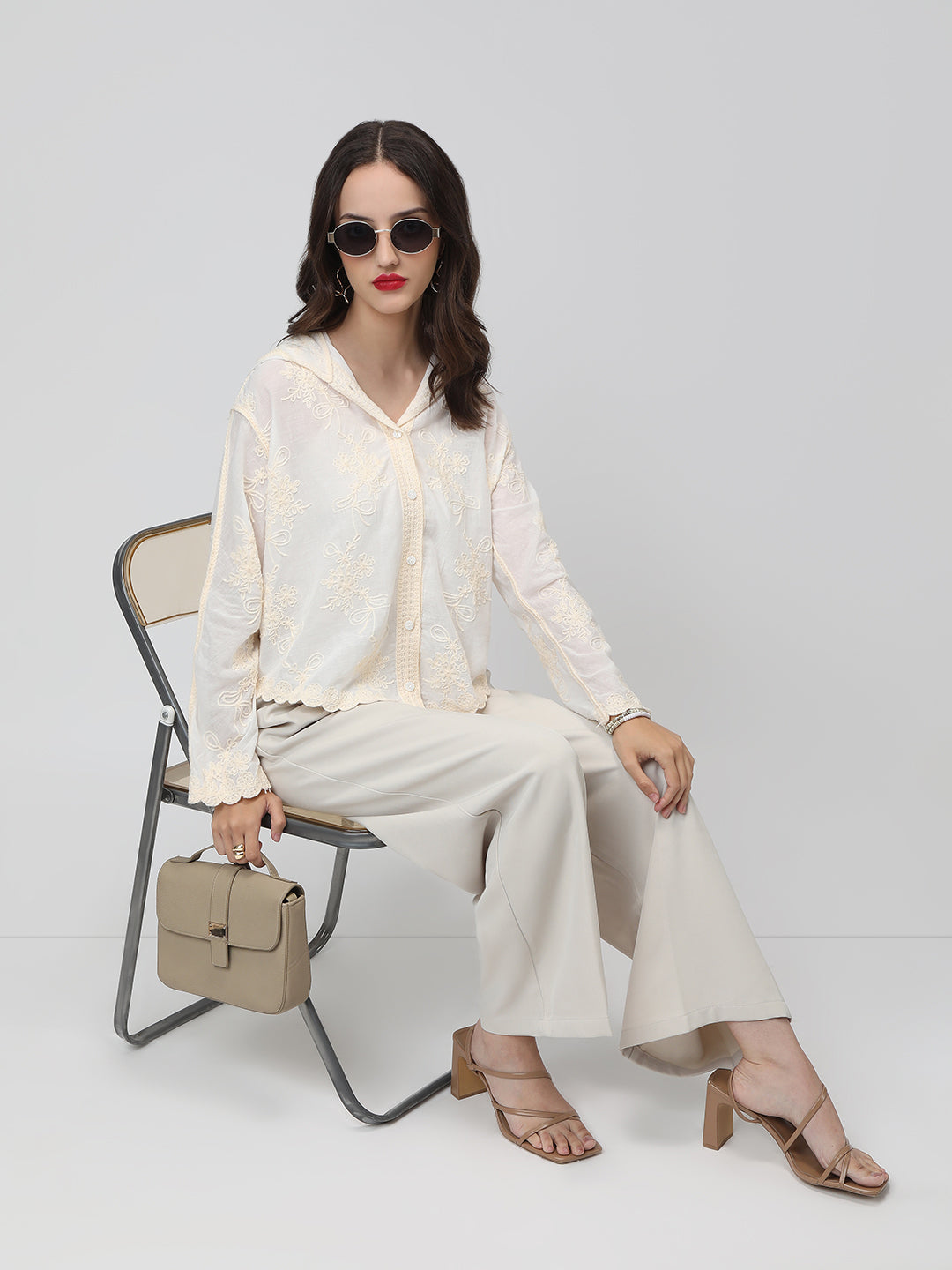 Women's Floral Cream Hooded Relaxed Fit Semi Sheer Shirt