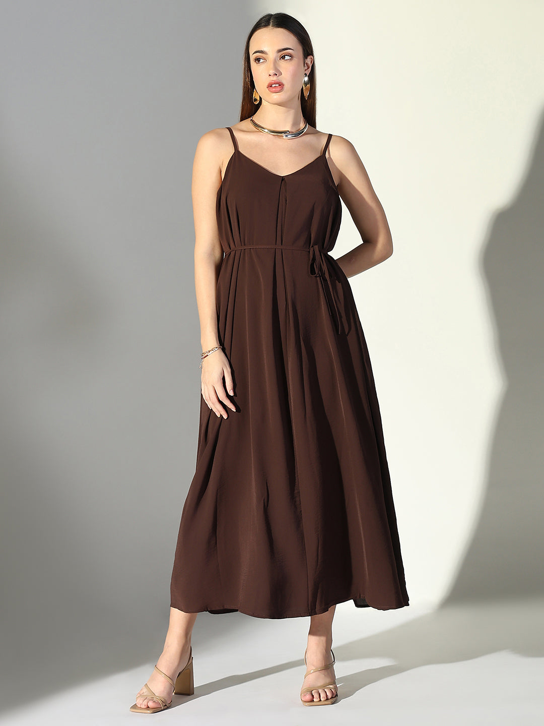 Brown V-Neck Slip Dress with Waist Tie