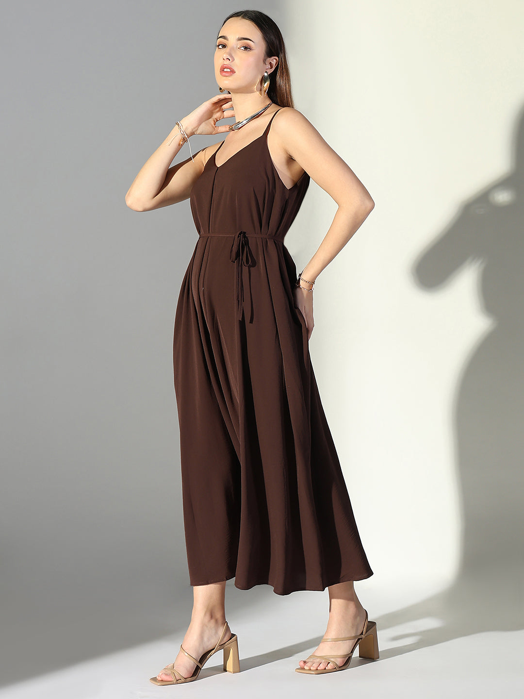 Brown V-Neck Slip Dress with Waist Tie