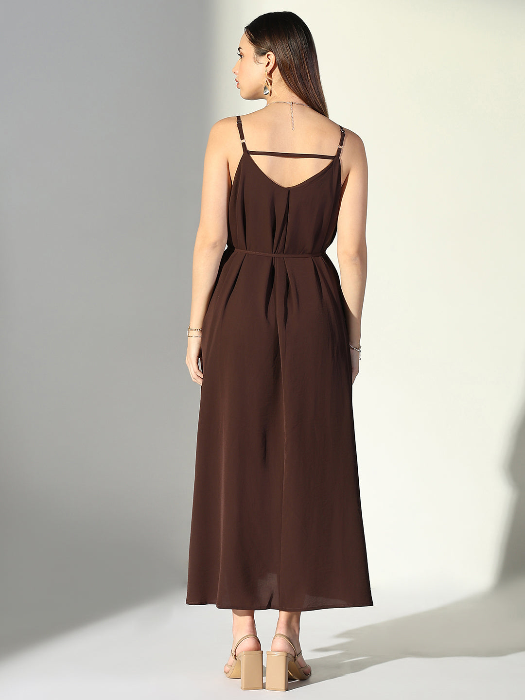 Brown V-Neck Slip Dress with Waist Tie