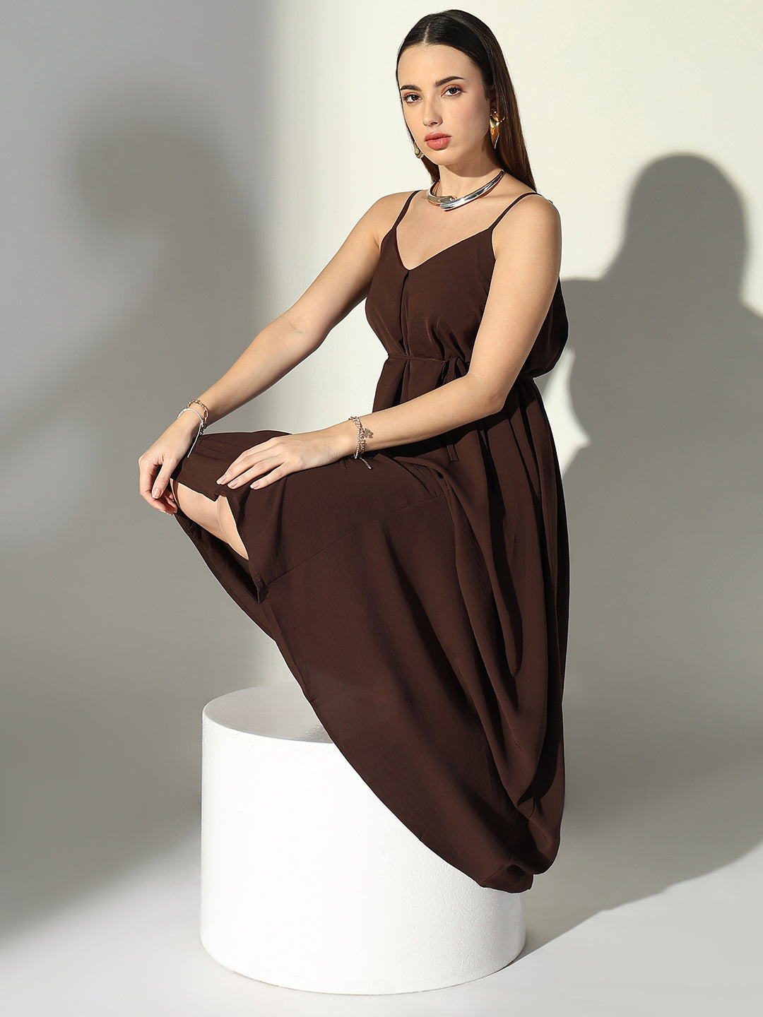 Brown V-Neck Slip Dress with Waist Tie