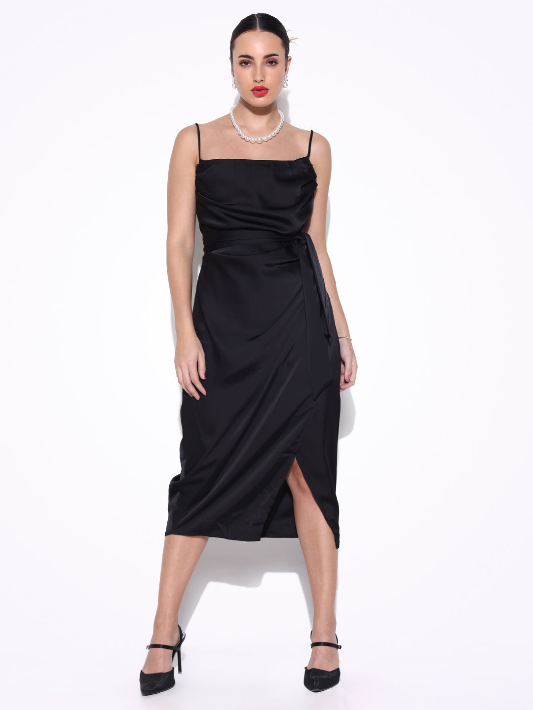 Black Cowl Neck Satin Slip On Draped Dress
