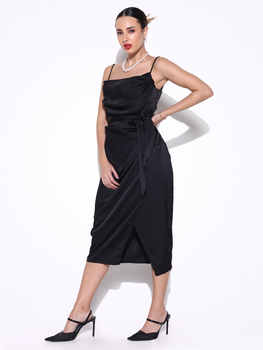 Black Cowl Neck Satin Slip On Draped Dress