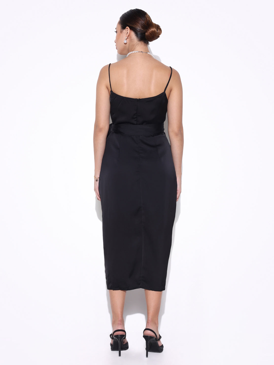 Black Cowl Neck Satin Slip On Draped Dress