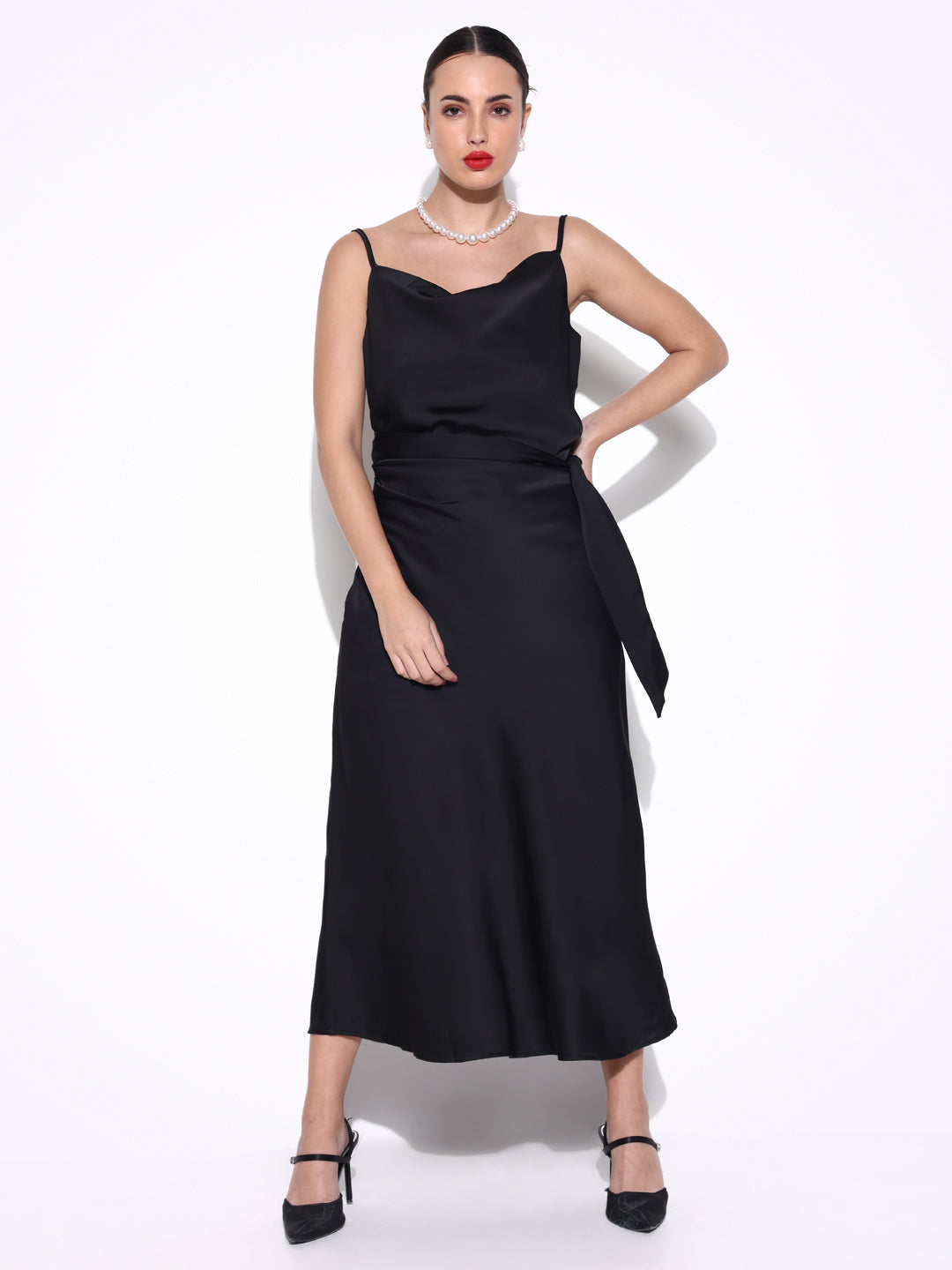 Black Satin Cowl Neck Slip Dress with Waist Tie