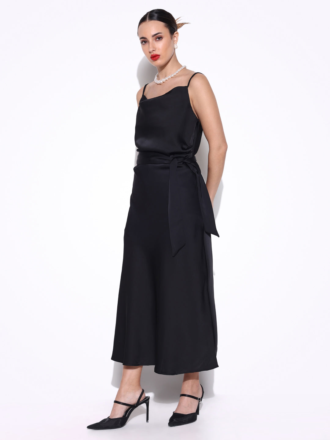 Black Satin Cowl Neck Slip Dress with Waist Tie