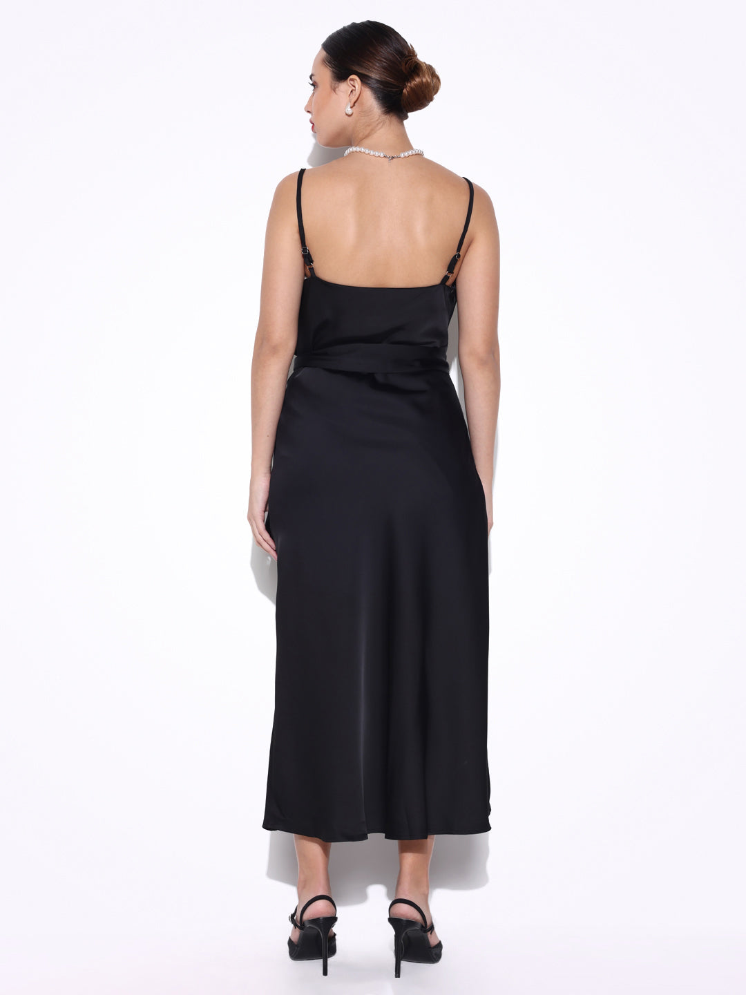 Black Satin Cowl Neck Slip Dress with Waist Tie