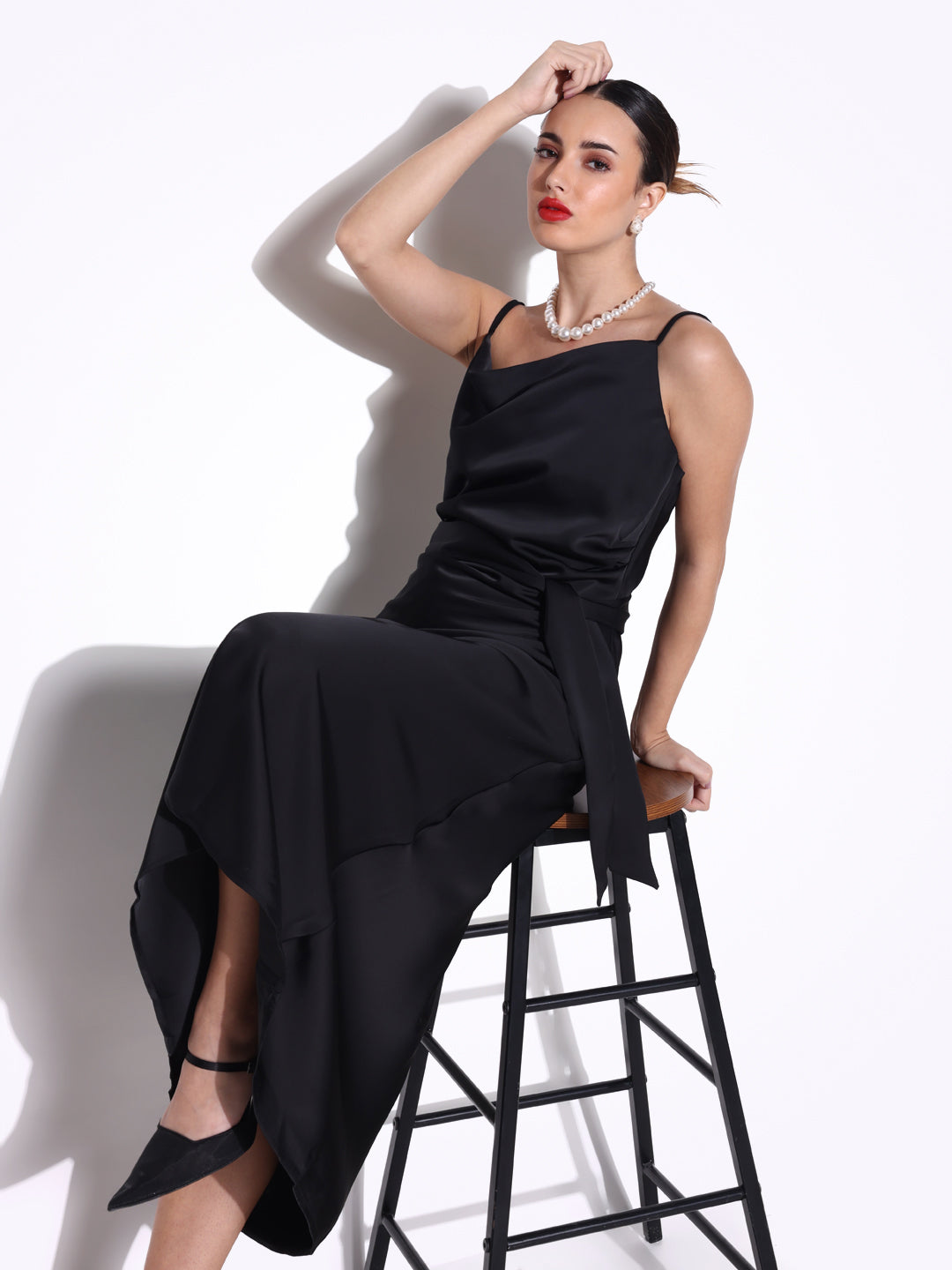 Black Satin Cowl Neck Slip Dress with Waist Tie