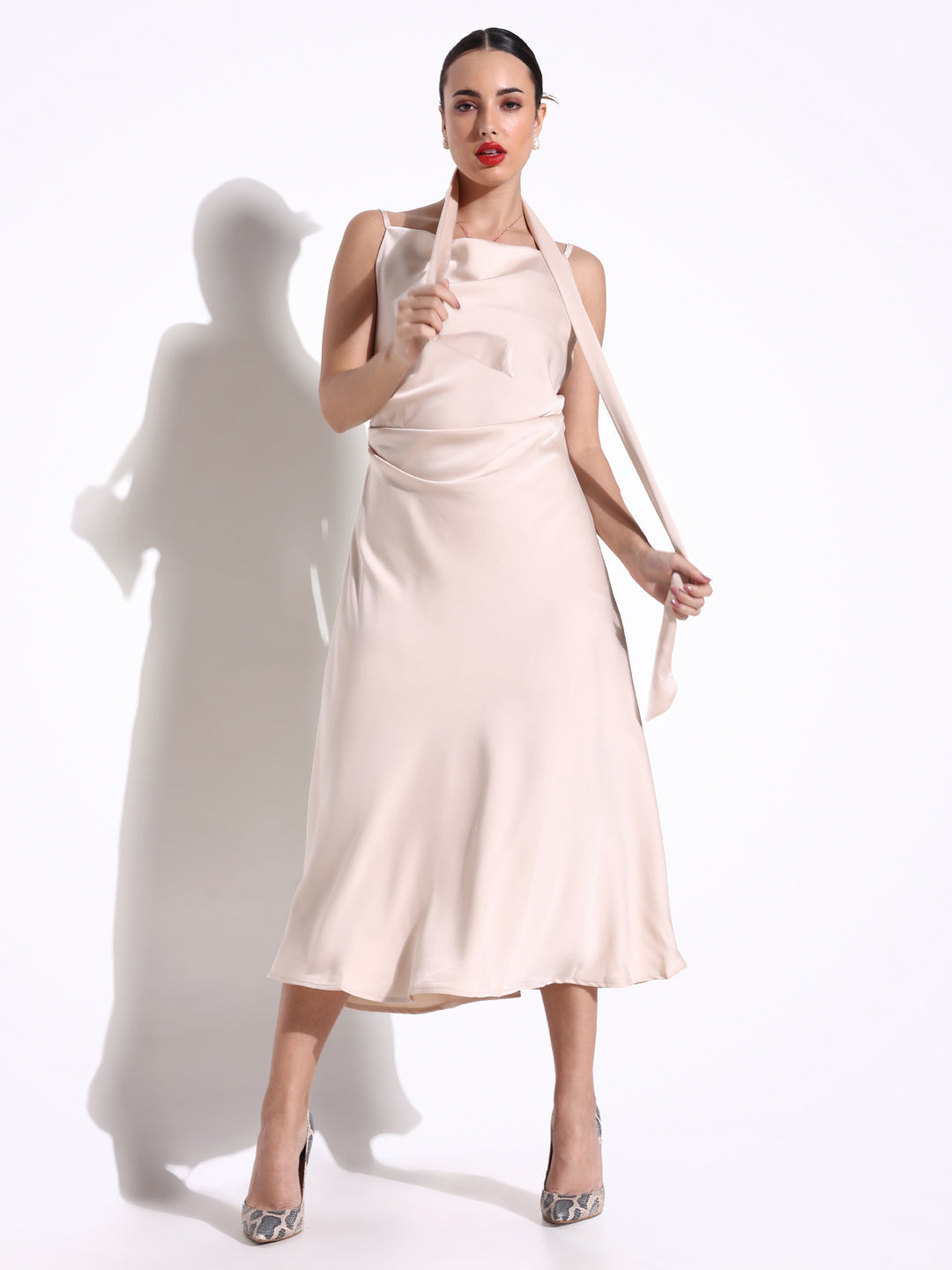 Cream Satin Cowl Neck Slip Dress with Waist Tie