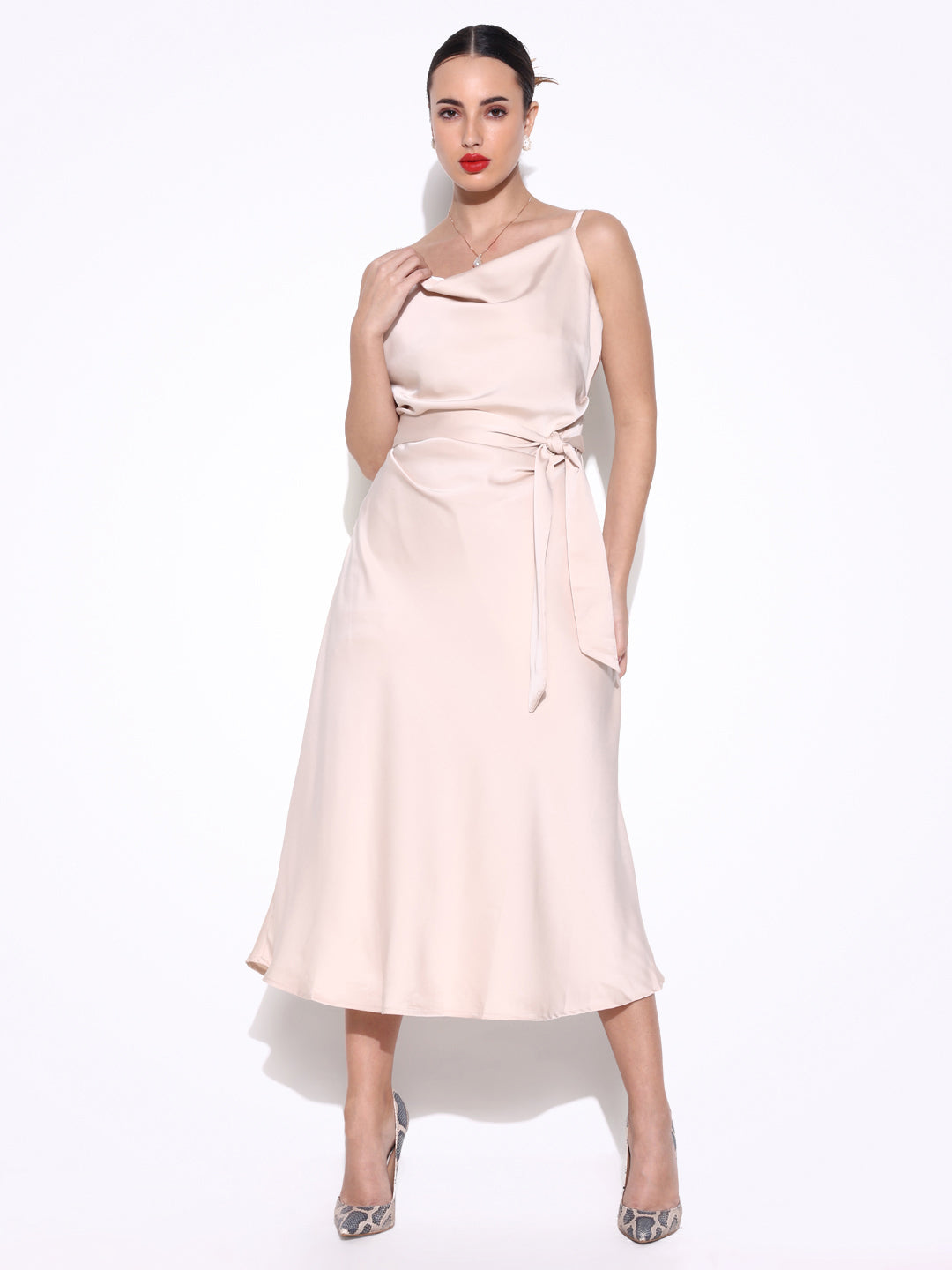 Cream Satin Cowl Neck Slip Dress with Waist Tie