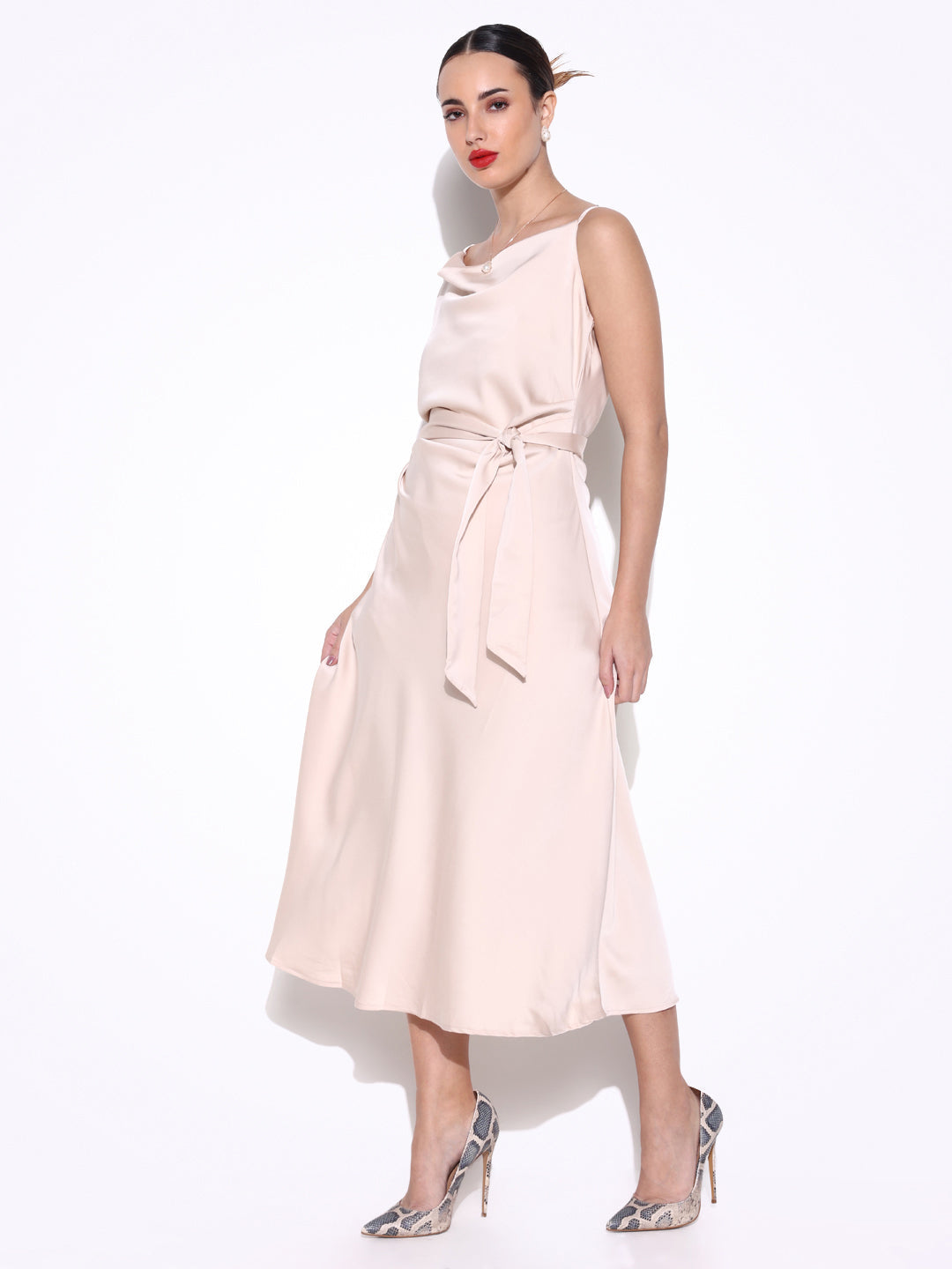 Cream Satin Cowl Neck Slip Dress with Waist Tie