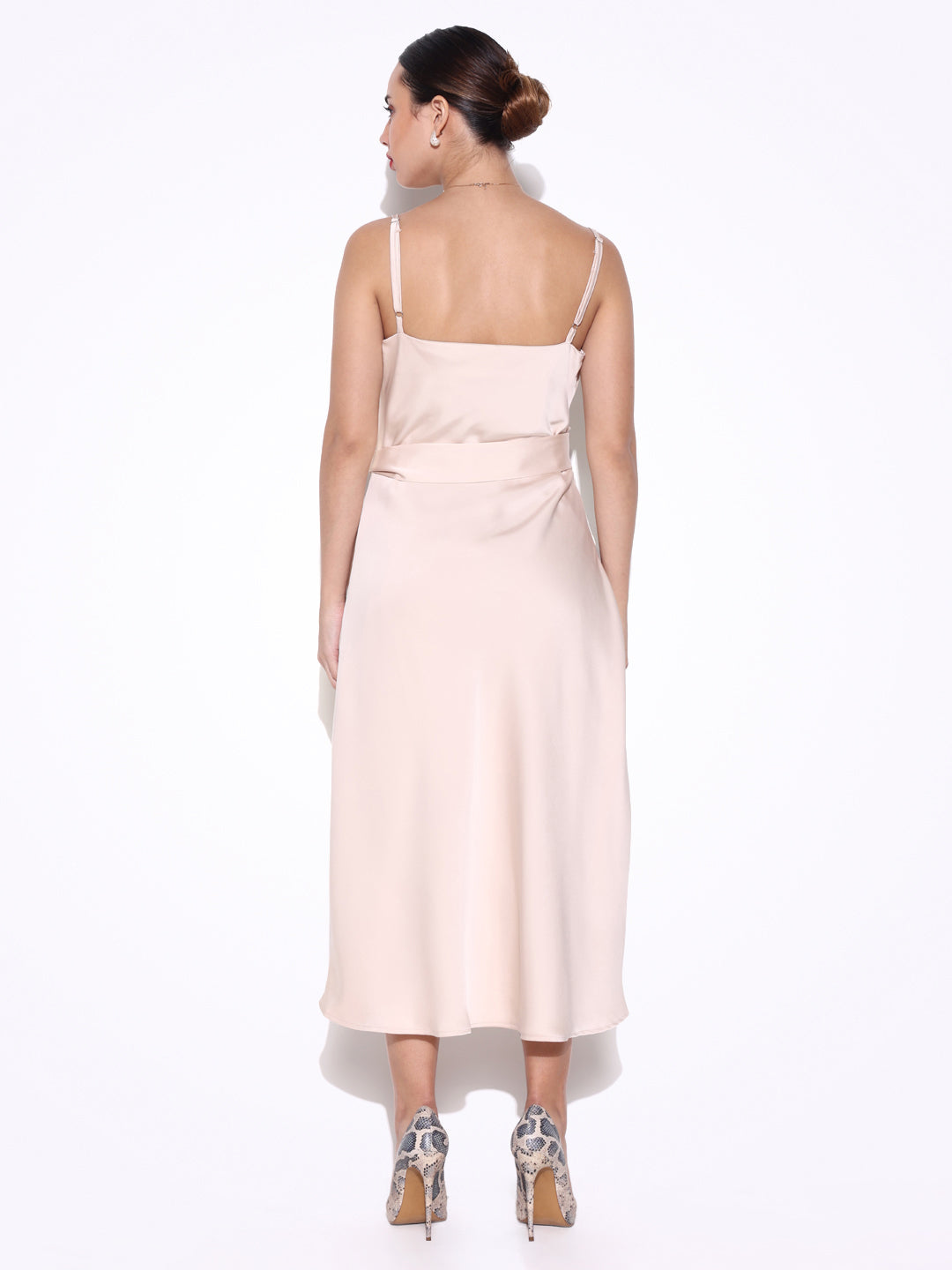 Cream Satin Cowl Neck Slip Dress with Waist Tie