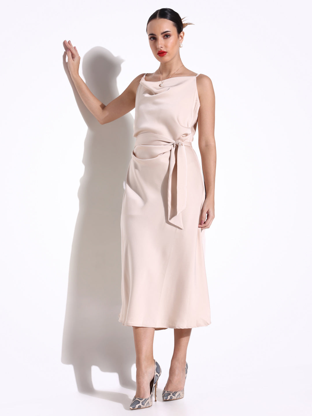 Cream Satin Cowl Neck Slip Dress with Waist Tie