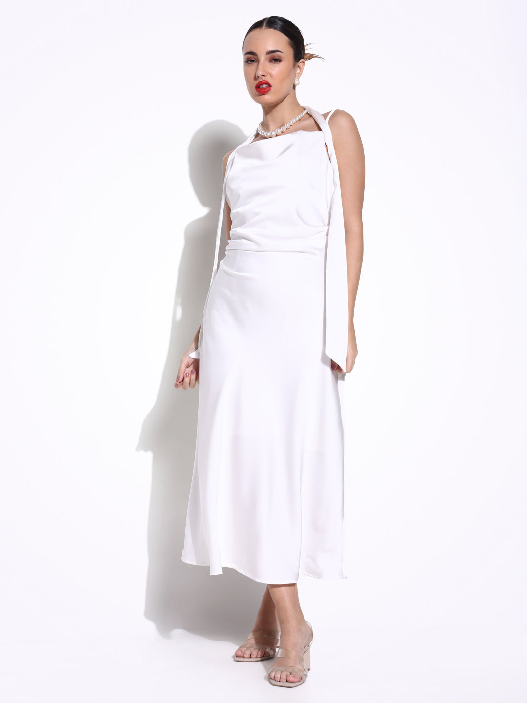 White Satin Cowl Neck Slip Dress with Waist Tie