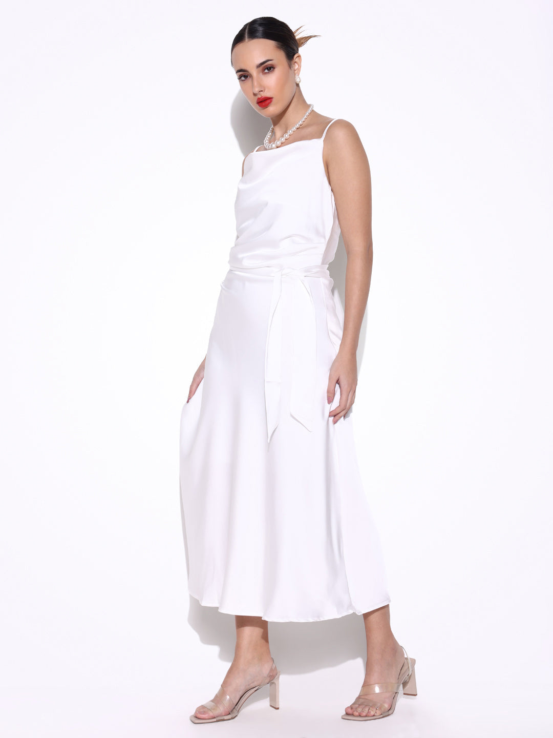 White Satin Cowl Neck Slip Dress with Waist Tie