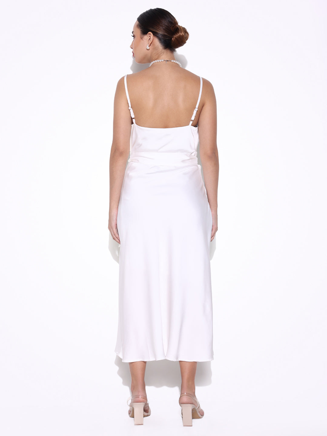 White Satin Cowl Neck Slip Dress with Waist Tie