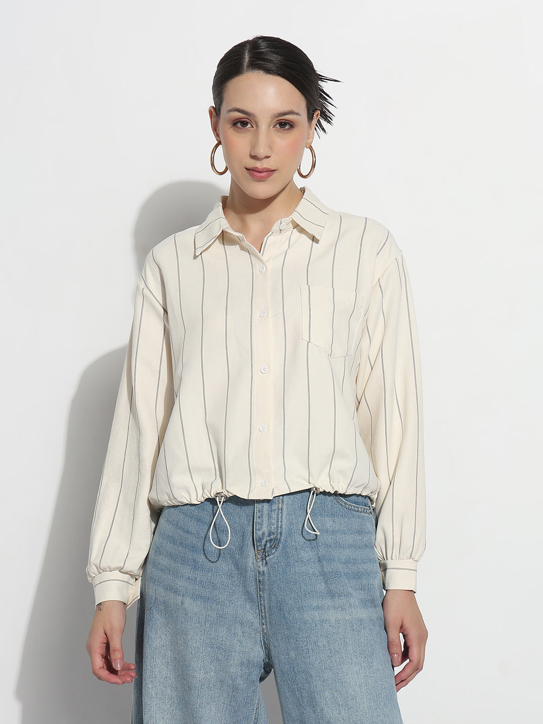 Women's Pinstripes Cream Regular Fit Top