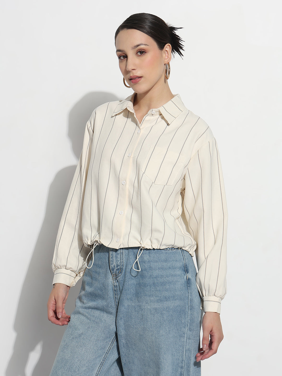 Women's Pinstripes Cream Regular Fit Top