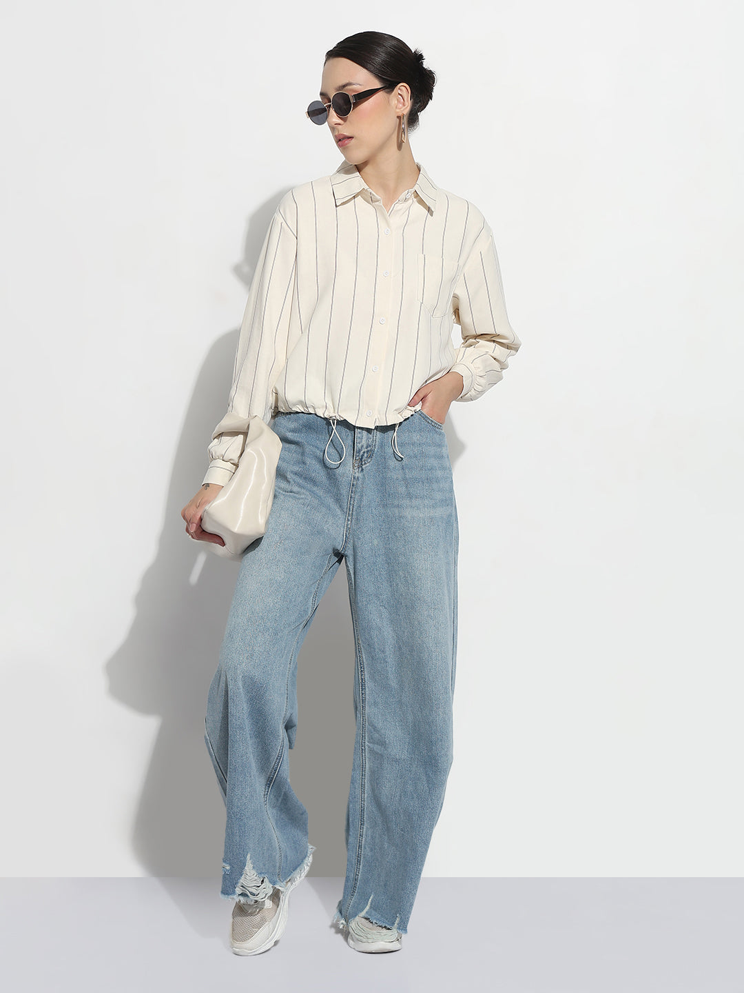 Women's Pinstripes Cream Regular Fit Top