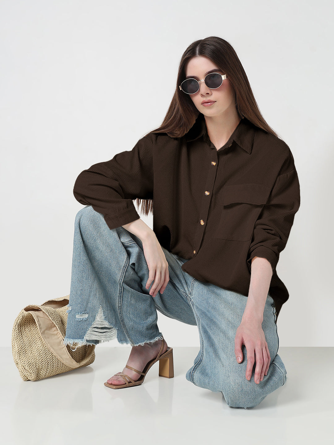 Women's Textured Brown Regular Fit Shirt