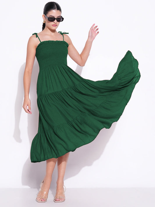 Green Solid Fit and Flare Dress