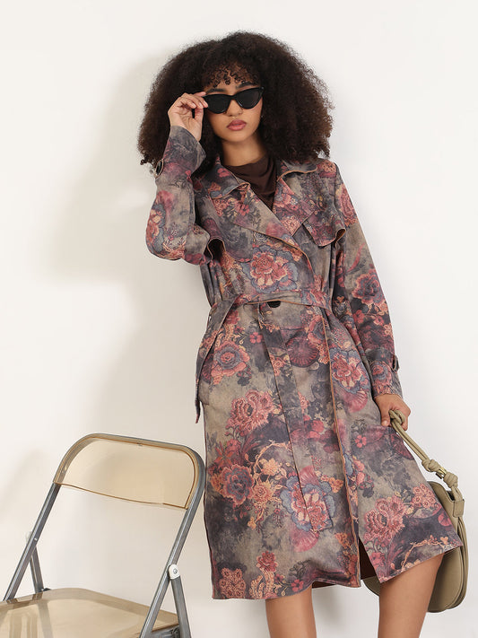 Floral Grey Lapel Collar Longline Trench Coat with Fabric Belt