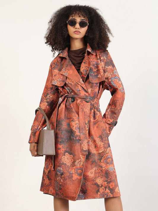 Floral Rust Lapel Collar Longline Trench Coat with Fabric Belt
