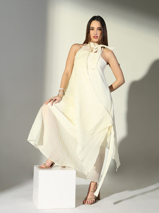 Draped Cream Maxi Dress with Neck Tie