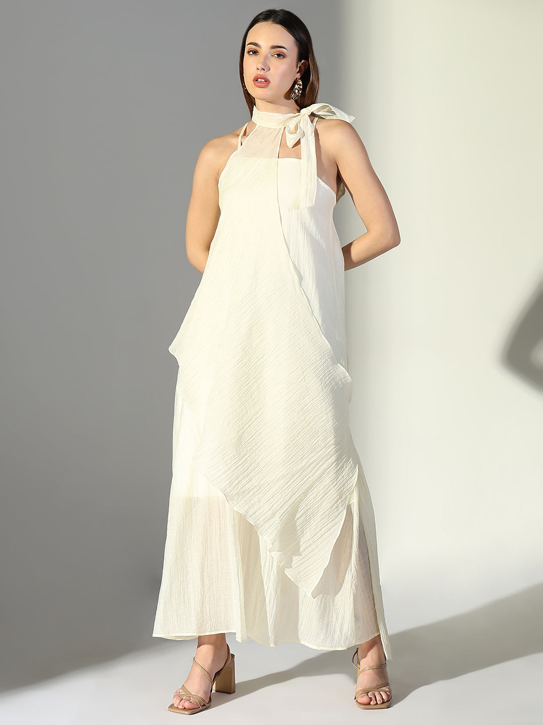 Draped Cream Maxi Dress with Neck Tie