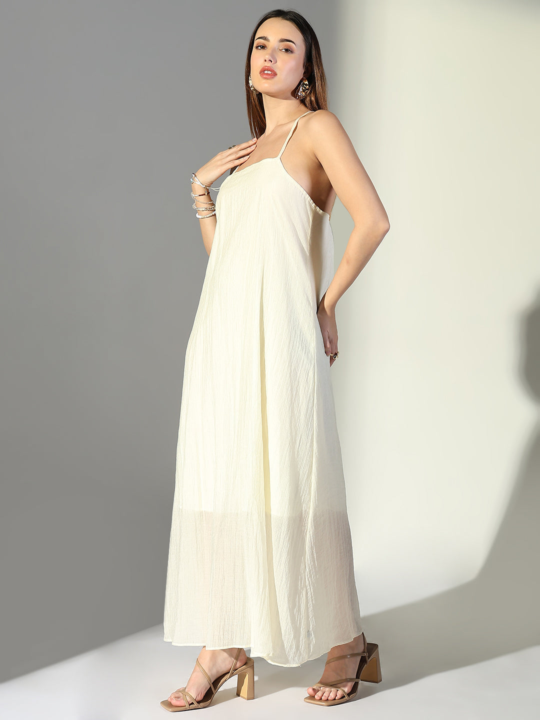 Draped Cream Maxi Dress with Neck Tie