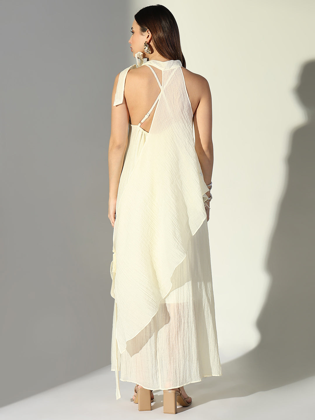 Draped Cream Maxi Dress with Neck Tie