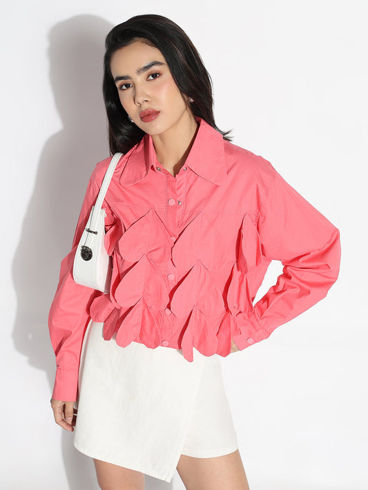 Women's Oversized Pink Solid Shirt with Applique