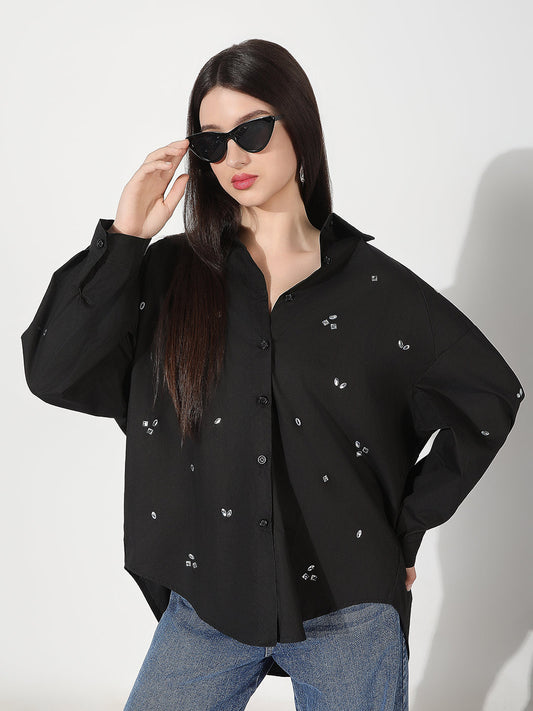 Women's Oversized Black Solid Shirt with Motifs